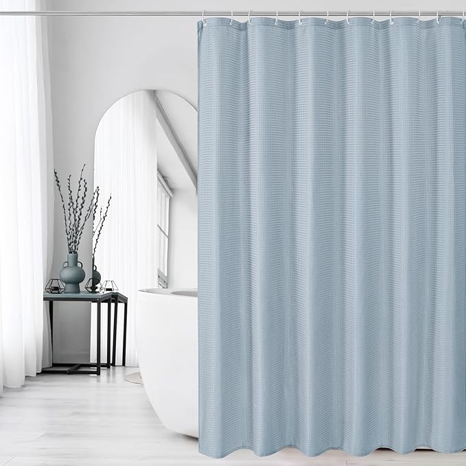 Gibelle Small Stall Shower Curtain 36 x 72, Narrow Half Waffle Weave Textured Fabric Shower Curtain for Bathroom, Water Repellent, Machine Washable, Fog Blue