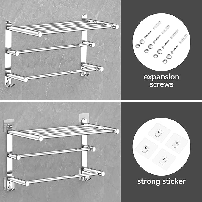 Adjustable Towel Bar for Bathroom Wall Mount17-30.7inch Adhesive Shower Towel Rack Stainless Steel Bath Towel Holders for Toilet Kitchen Double Towel Hanger (3-Layer Towel Rack)