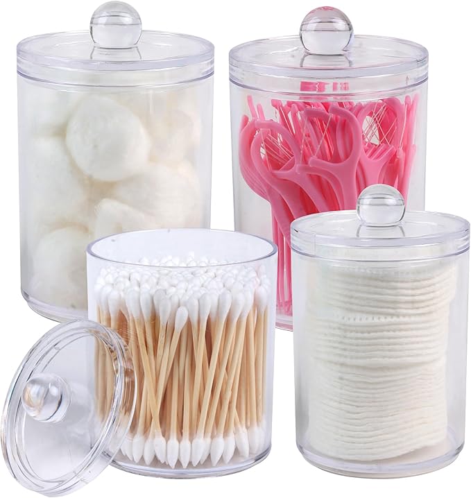 4 Pack Acrylic Qtip Holder Dispenser,Bathroom Canisters Apothecary Jar Set, Vanity Makeup Storage Organizer Set, 10 and 12 oz
