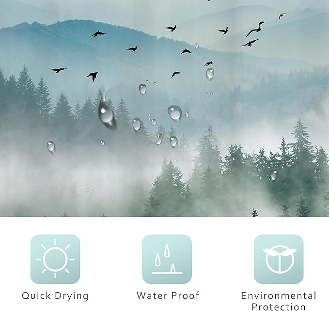 Riyidecor Green Mountain Shower Curtain 72Wx84H Inch Extra Long Nature Scenery Foggy Pine Tree Scenic Landscape Woodland Rustic Mens Bathroom Decor Fabric Polyester Waterproof 12 Pack Hooks