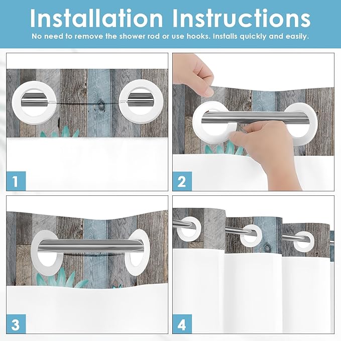 No Hook Rustic Farmhouse Shower Curtain with Snap in Fabric Liner Set, Teal Daisy Flowers and Butterfly on Wooden Double Layers Waterproof with See Through Top Bath Curtain 54x80 Inch
