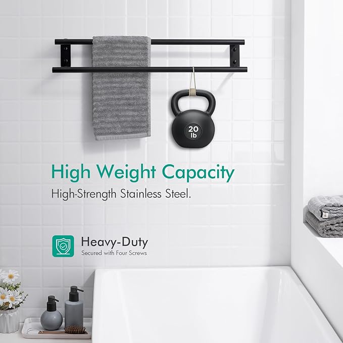 BAGNOLUX Double Towel Bar, SUS304 Towel Racks for Bathroom Wall Mounted 2-Tiers Ladder Towel Rails, Space Saving Bathroom Towel Holder Shelves Rack, Long Towel Hanger (24“-Round-Matte Black)