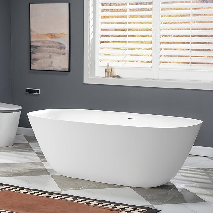 WOODBRIDGE 67" L x 32-5/8" W Luxury Contemporary Solid Surface Stone Resin Freestanding Bathtub in Matte White