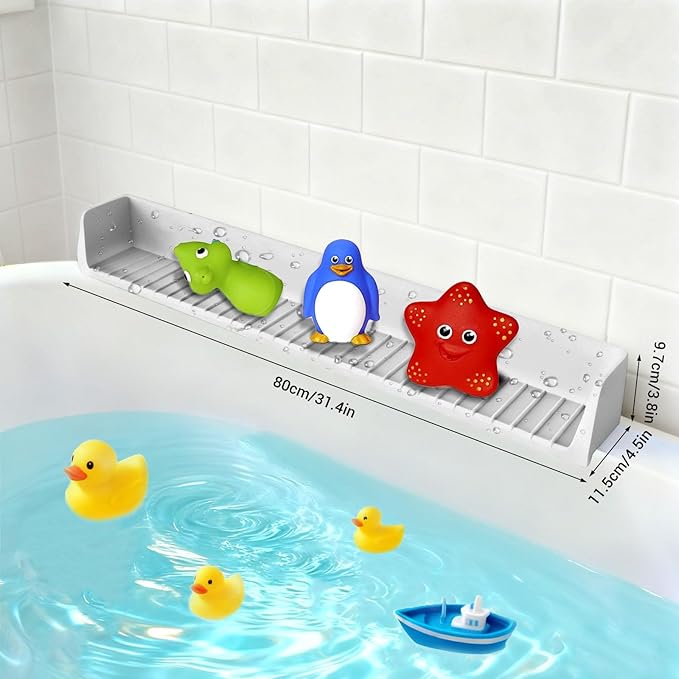 Splash Guard for Bathtub Kids, Longer Silicone Bathtub Splash Guard with 11 Suction Cups, Bath Tub Play Shelf for Kids & Toy Holder, Prevent Water Spill in Bathroom, Grey