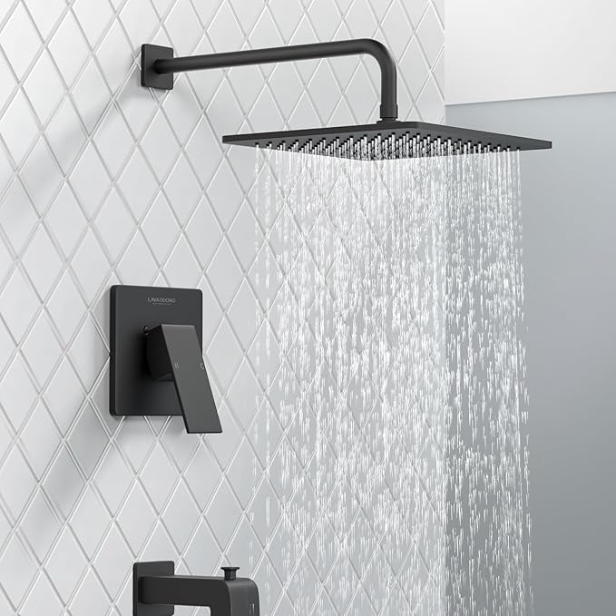 Lava Odoro 12-inch Square Bathtub and Shower Faucet Set Matte Black, Shower Trim Kit with Rough-in Valve High Pressure Black Rainfall Shower Head and Handle Set, (Valve Included), SF106-MB-T