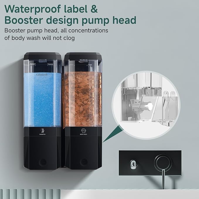 Shampoo and Conditioner Dispenser Wall Mounted No Drill, Shower Soap Dispenser 2 Chamber Shampoo Conditioner Body Wash Refillable 2 * 17oz Shower Soap Dispenser for Bathroom Hotel, Black+Clear