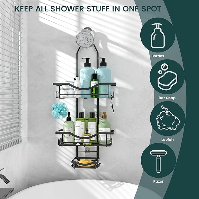 Shower Caddy Hanging Adjustable Shower Caddy, Rustproof Shower Organizer Extended Length Shower Caddy Over Shower Head with Hooks Soap Holder, Large Capacity Anti-Swing Bathroom Organizer, Black