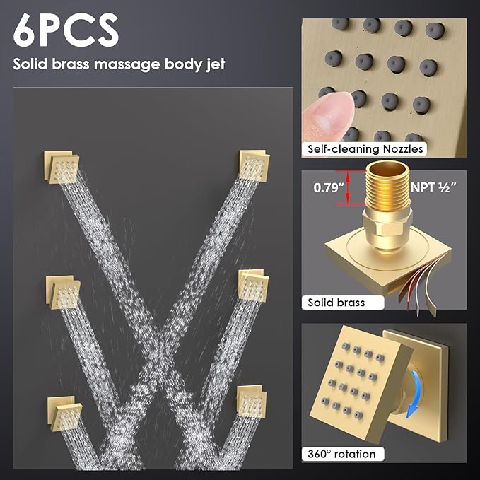 Enga Brushed Gold Rain Shower System with Body Jets, 12 inch Rain Shower Body Spray Jets System Ceiling Mounted Shower Faucet Set with 3-Function Brass Shower Valve