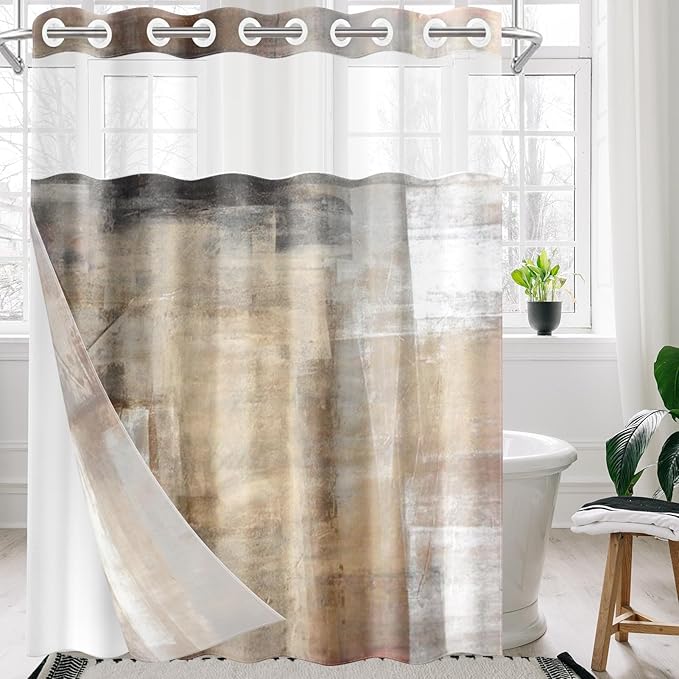 No Hook Grey Brown Painting Shower Curtain with Snap in Fabric Liner Set, Beige Abstract Double Layers Waterproof Fabric with See Through Top Window Open Grommet Bath Curtain 71x74 Inch