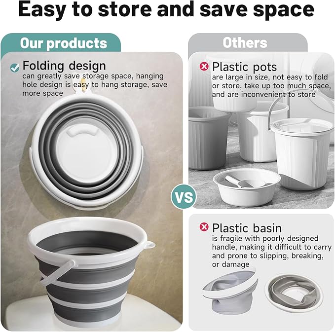 Collapsible Water Bucket (10L / 2.6 Gal) – Portable, Easy to Carry & Store, Ideal for Car Wash, Cleaning, Camping, Fishing, Outdoor Activities with Collapsible Handle Design, 2 Pack