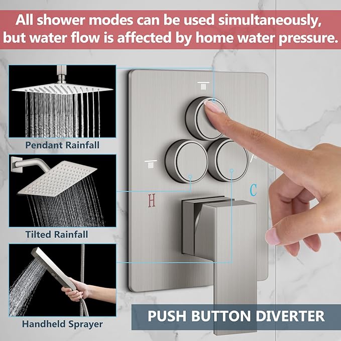 Aolemi Shower Faucet Set Ceiling Mount Shower System Rough-in Valve and Shower Trim Kit 12 and 6 Inch Dual Shower Head 2 in 1 Handheld Spray Push Button Diverter Brushed Nickel