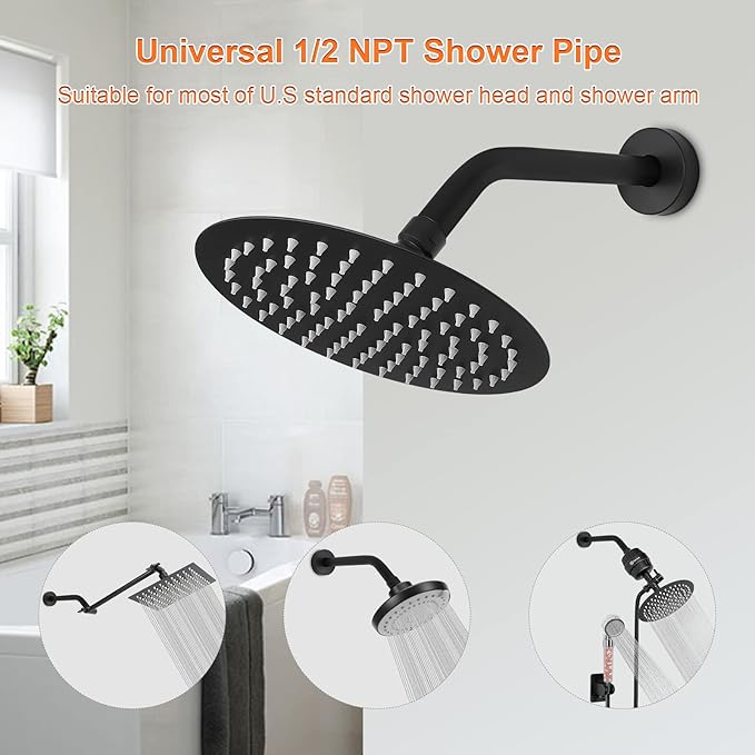 HarJue Shower Arm with Flange and Teflon Tape, Wall Mounted Shower Pipe 304 Stainless Steel Extension Arm for Fixed Shower Head & Handheld (8 Inch, Matte Black)