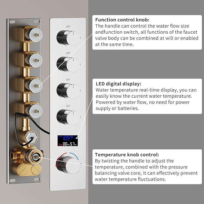 Polished Chrome Shower System with 12 inch Ceiling Mounted Shower Head and Dual 8 inch Wall Mounted Shower Head, Digital Display Shower Faucet Set with Handheld Spray