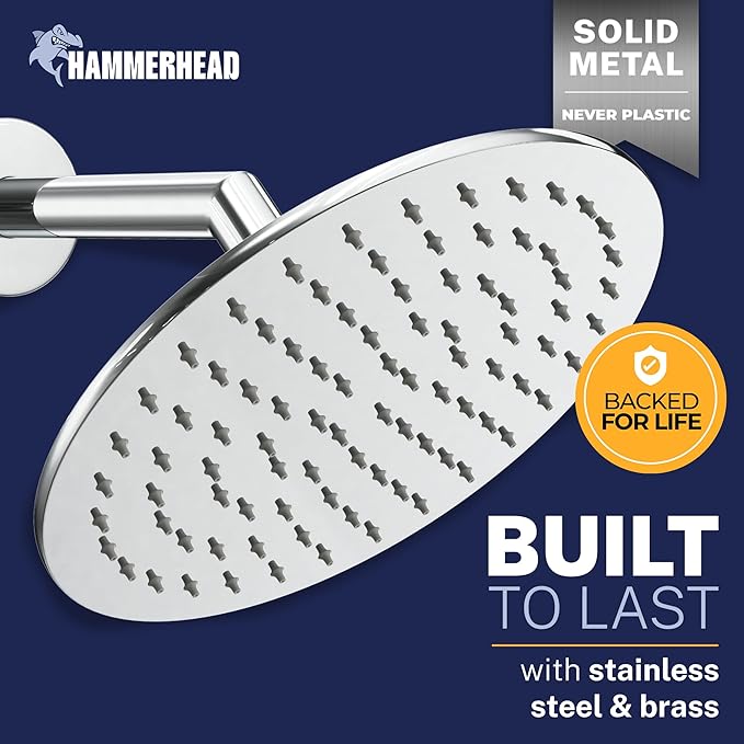 HammerHead Showers® Solid Metal 8 Inch Rainfall Shower Head – CHROME - Shower Head Rainfall - 2.5 GPM High Flow Shower Head Optimized for Pressure – Large Round Rain Shower Heads