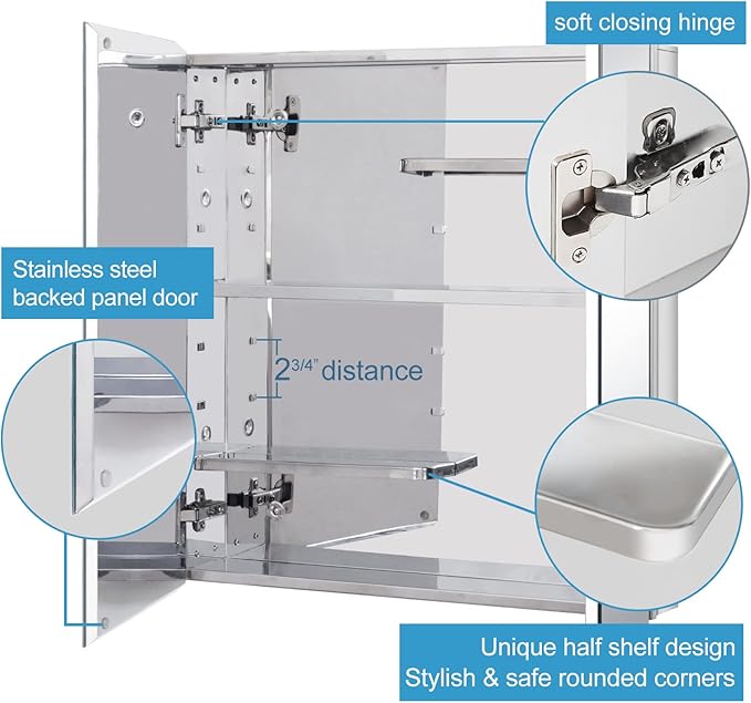 Fundin Stainless Steel Medicine Cabinet, Bathroom Mirror Cabinet, Surface Mount and Recess Mount, 23.6 x 25.6 inch, with Unique Half-Shelves for Greater Storage adjustability