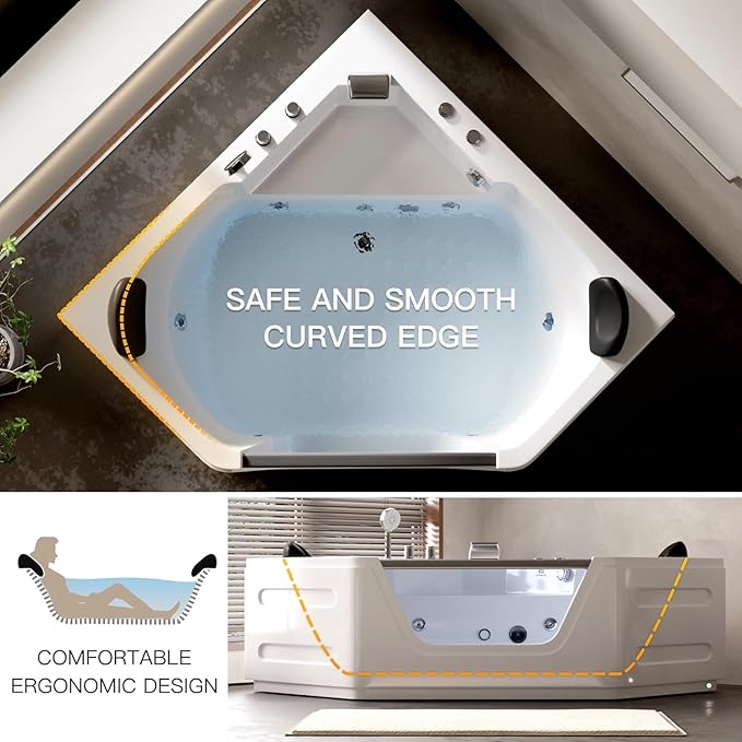 59'' x 59'' Corner Whirlpool Tub- Plastic Acrylic Bathtub with Light,Home Spa Hydromassage with Chromatherapy,Hydro Massage for 2 Person White, ETL Certified