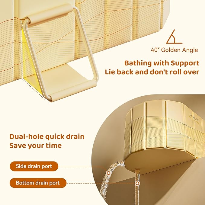 Portable Foldable Bathtub, Freestanding Bathtub No Installation, Bathroom SPA Soaking Bath Tub, Shower Stall Collapsible Hot & Ice Bath for Indoor Outdoor (Beige, 59"L x 21.6"W x 19.6"H)
