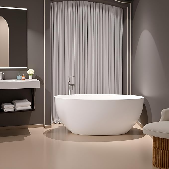 59'' Stone Resin Freestanding Bathtub, Bathroom Solid Surface Tub Bathtubs soaker Tubs Oval Shaped Matte Luxury Modern Soaking Tub with Overflow and Pop-up Drain - White