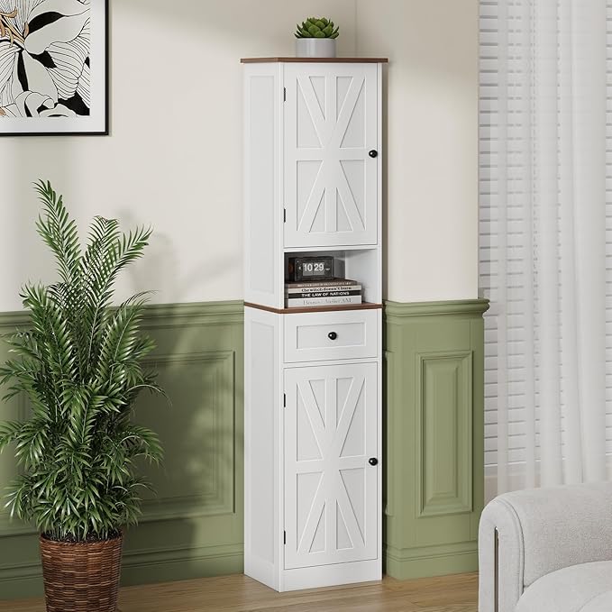 67" H Tall Bathroom Cabinet, Narrow Storage Cabinet with 2 Barn Doors and 1 Drawer, Freestanding Floor Cabinets with 5 Shelves and Open Storage Shelf for Bathroom, Living Room, Kitchen, White