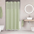 No Hook Stall Shower Curtain with Snap-in Fabric Liner - 54x80 Heavy-Duty Linen Textured Striped Design,Narrow Rustic Modern Farmhouse Bohemian Bathroom Curtain,Water-Repellent,Sage Green