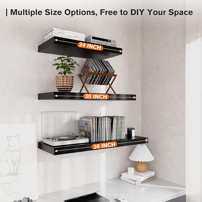 Floating Shelf, Set of 3 Wall Shelf, 36 in W x 12.75 in D x 2 in H Wooden Floating Wall Shelf with Invisible Brackets for Living Room/Bedroom/Bathroom/Kitchen Storage and Decor, Black