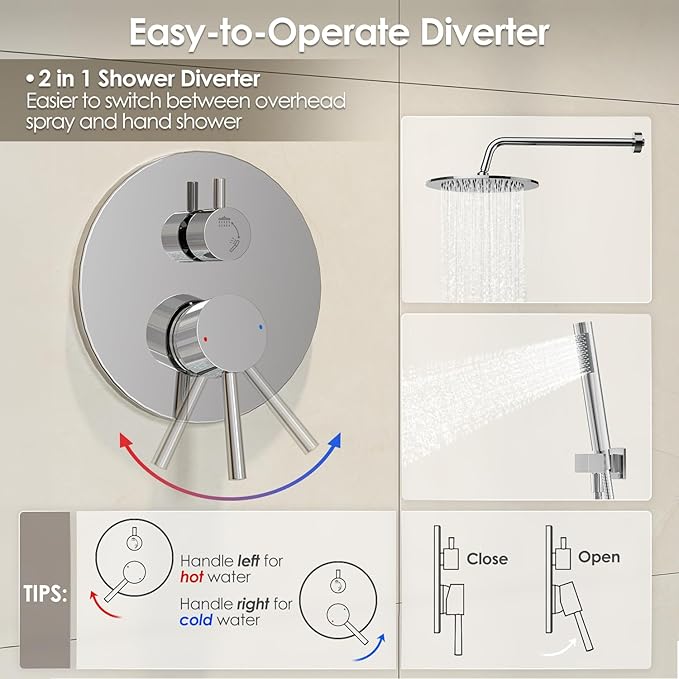 Gabrylly Shower System, Wall Mounted Shower Faucets Set with Shower Valve, High Pressure 10" Rain Shower head with Handheld Spray Combo, 2 Way Rainfall Shower Head Set, Chrome
