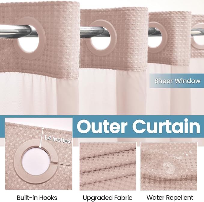 Blush Pink No Hook Shower Curtain with Snap in Liner,230GSM Waffle Weave Shower Curtains for Bathroom,71W x 74H