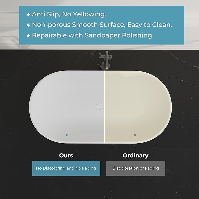 Premium 59" Solid Surface Freestanding Bathtub, Upgraded Oval Stone Resin Tub with Overflow and Pop-up Drain, Matte White
