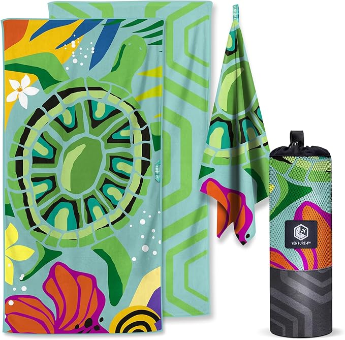 VENTURE 4TH Microfiber Beach Towel: Quick-Dry, Compact, Sand-Free, Absorbent, Sandproof and Lightweight - Perfect for Camping, Beach, and Roadtrips (Turquoise Turtle Design | 35x78 inches)