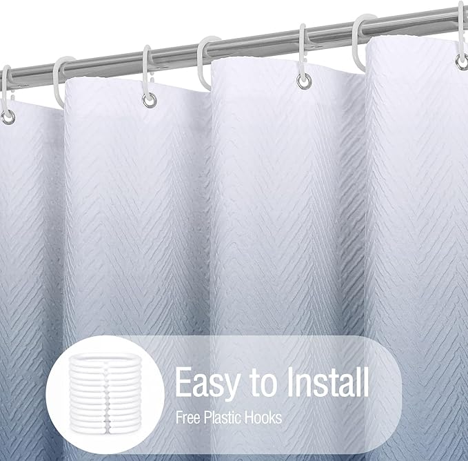 Gibelle Ombre Blue Shower Curtain, 3D Embossed Textured Herringbone Fabric Shower Curtain, Modern Farmhouse Bathroom Decor Soft Cloth Shower Curtain Set with Hooks, 72x72