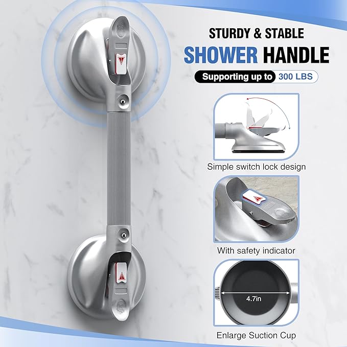 DAILYLIFE Grab Bars for Bathtubs and Showers, 17 inch Shower Handles for Elderly Suction, 300lbs Safety Shower Grab bar for Seniors and Elderly, Silver(2 Pack)