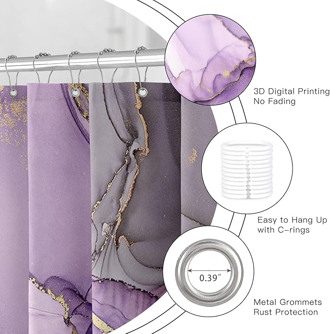 Purple Marble Shower Curtain, Modern Abstract Fabric Shower Curtains for Bathroom, Luxury Art Ink Texture Watercolor Shower Curtain Set with Hooks 72x72