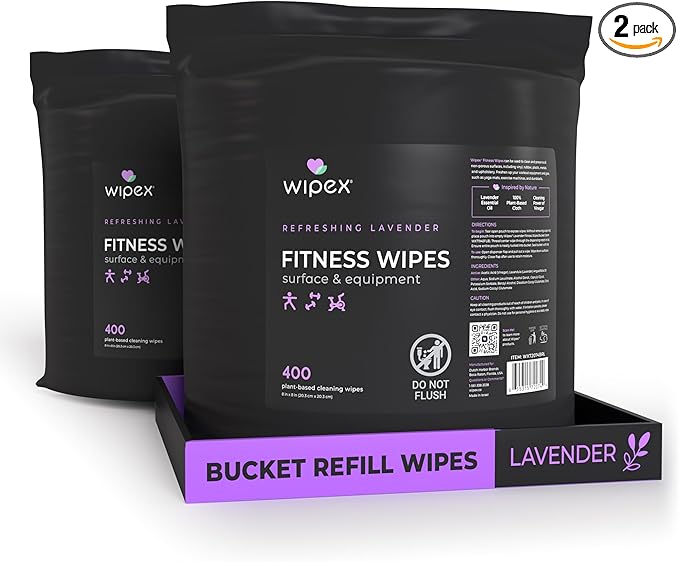 Wipex Gym Wipes Bucket Refill – Plant-based Fitness Equipment Wipes, Lavender and Vinegar to Clean Surfaces, Safe Yoga Mat Cleaner, Gym Cleaner and Peloton Bikes 400 Count (Pack of 2)