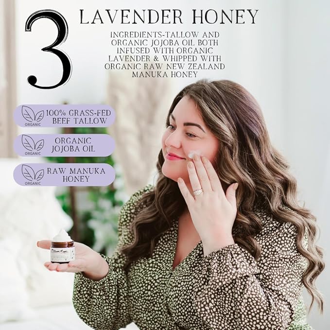 100% Grass-Fed Lavender infused Whipped Tallow Balm-Organic Raw Manuka Honey & Organic Jojoba Oil, Face and Body Moisturizer for Dry, Sensitive Skin, Eczema (Lavender Honey)