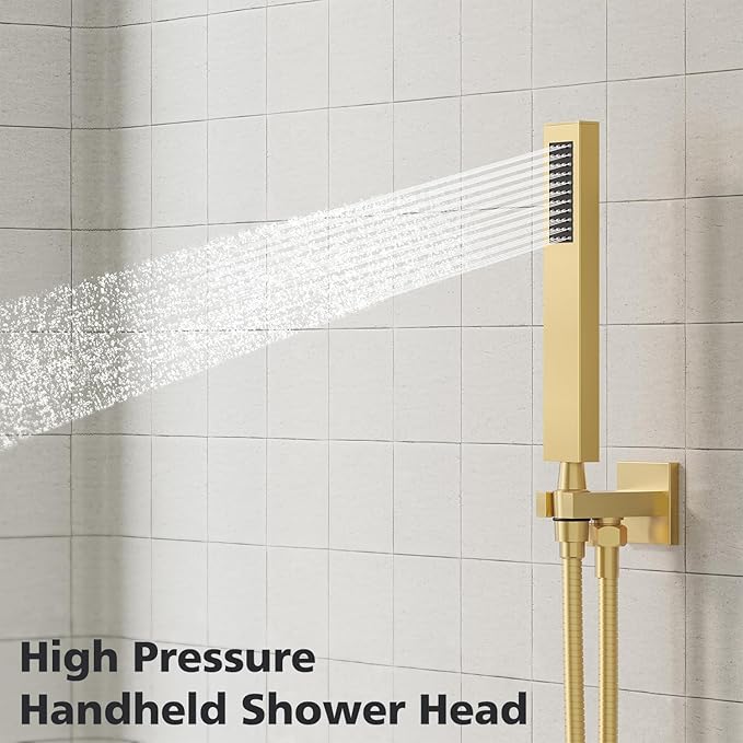 Gabrylly Gold Shower System, High-Pressure 10" Stainless Steel Rain Showerhead with handheld Spray Combo, Rainfall Shower Faucet Set Complete, 2 Way Valve Included, Brushed Gold