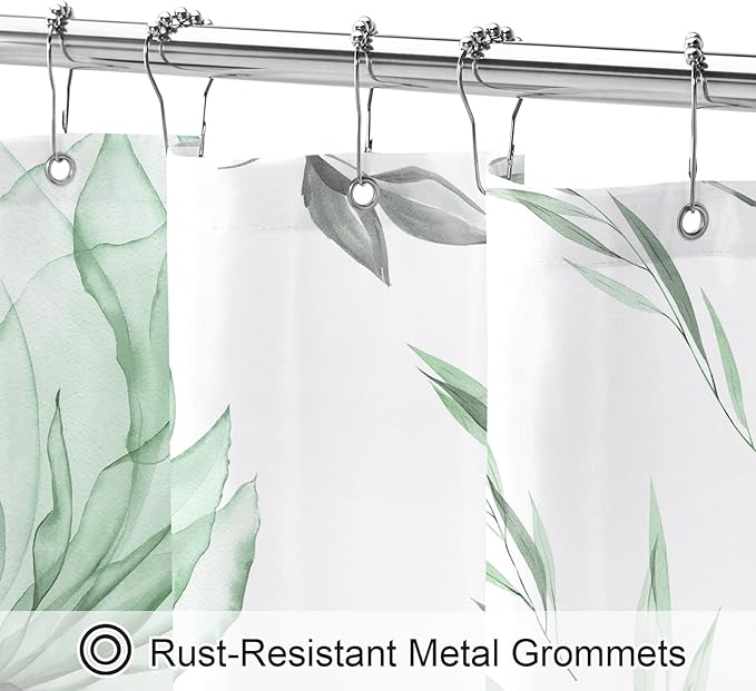 Green and Grey Boho Watercolor Floral Shower Curtain, Ink Painting Style Blossom & Leaf Shower Curtains for Chic Elegant Bathroom, Artistic Fabric Cloth Flower Shower Curtain, 72x72