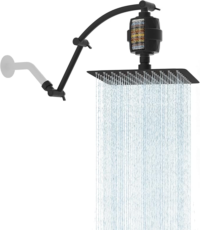 Hibbent All Metal Rain Filtered Shower Head, 10'' High Pressure Rainfall Showerhead with 16" Shower Head Extension Arm, 20 Stage Shower Filter, Solid Brass Adjustable Shower Arm Extender, Matte Black