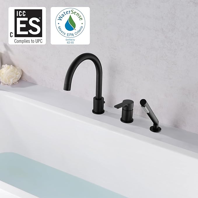 SUMERAIN Matte Black Roman Tub Faucet 3 Holes Deck Mount Bathtub Faucet with Handheld Shower Sprayer