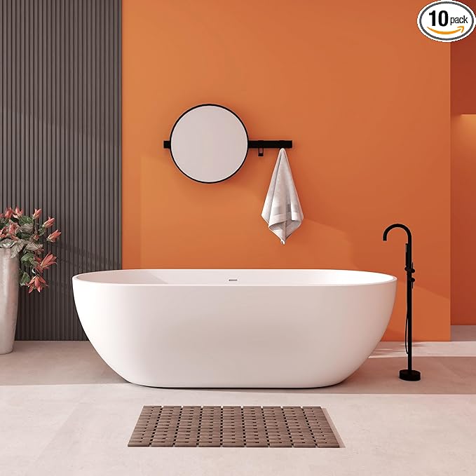69" Premium Solid Surface Freestanding Bathtub, Oval Stone Resin Tub with Overflow and Pop-up Drain, Matte White