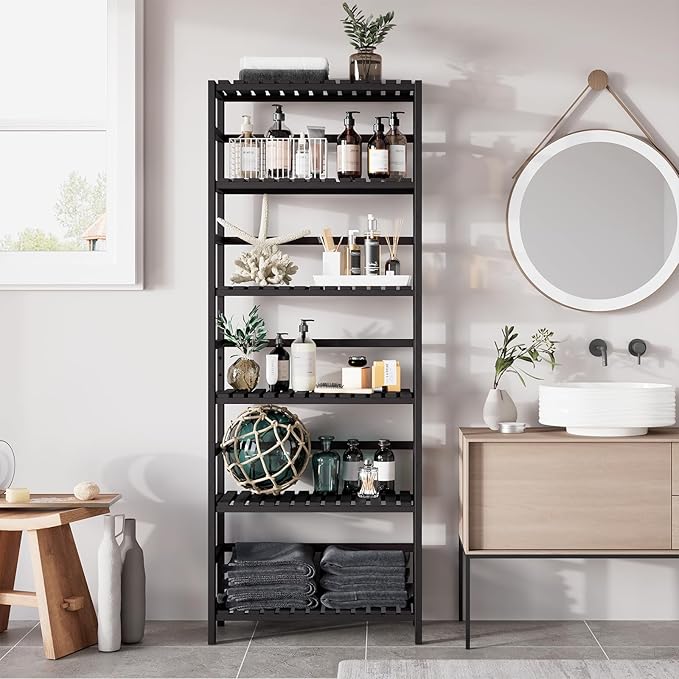 Bamjoy Bamboo Shelf, 6-Tier Bookshelf Adjustable Storage Shelves, Tall Shelving Unit Plant Stand, Storage Rack for Bathroom Home Office Living Room Kitchen, 23.6W x 10.2D x 63.4H Black