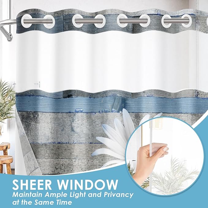 No Hook Blue Daisy and Butterfly Shower Curtain with Snap in Fabric Liner Set, Rustic Farmhouse Double Layers Waterproof Fabric with See Through Top Window Open Grommet Bath Curtain 54x80 Inch