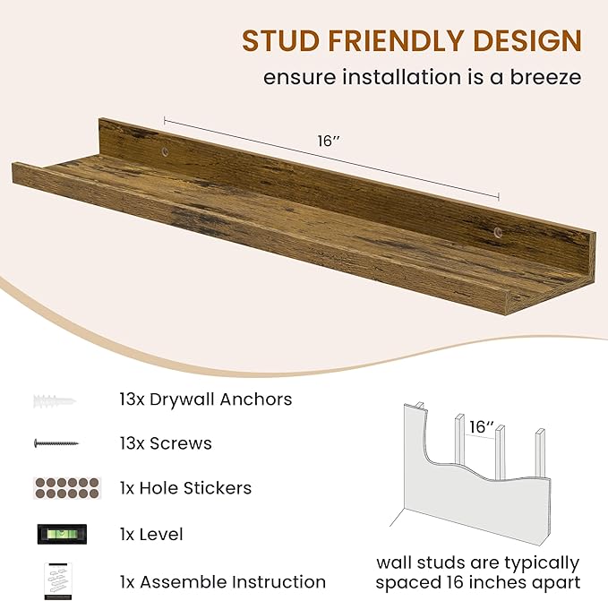 Axeman Picture Ledge Shelf, Floating Shelves for Wall Decor Set of 6, 24 inch Floating Wall Mounted Shelves, Shelves with Lip for Living Room, Bedroom, Nursery, Bathroom, Kitchen, Rustic Brown