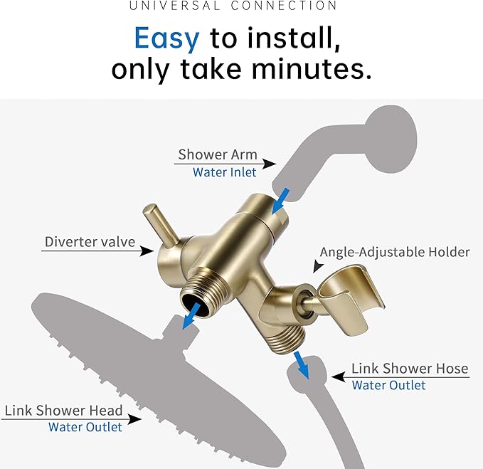 G-Promise Solid Metal Shower Arm Diverter with Holder for Hand Held Showerhead and Fixed Spray Head, G 1/2 3-Way Bathroom Universal Diverter System Replacement Part (Brushed Gold)