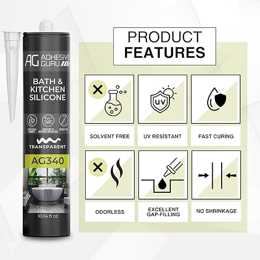 Adhesive Guru AG340 Clear Silicone Sealant (12x10.14 fl oz), 100% Silicone Caulk, Weatherproof & Flexible Adhesive Sealant for Bath and Kitchen, 12 Pack