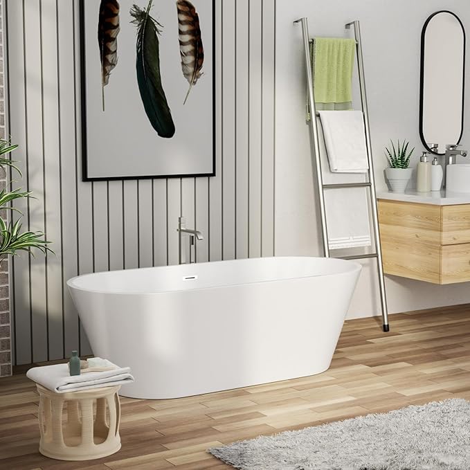 63" Acrylic Freestanding Bathtub - Mocoloo Modern Elegant Soaking Bathroom Tub Stand Alone, Matte White, Overflow and Stainless Offset Drain