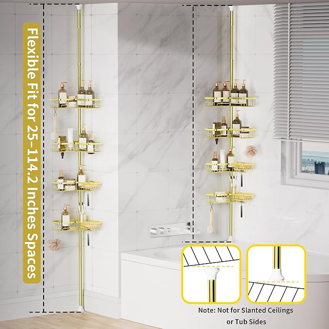 KEGII Corner Gold Shower Caddy Tension Pole - 4-Tier Rustproof Shower Rod Organizer, Floor to Ceiling Tension Rod 25-114.2 inch, Stainless Steel Corner Shower Shelf, Waterproof