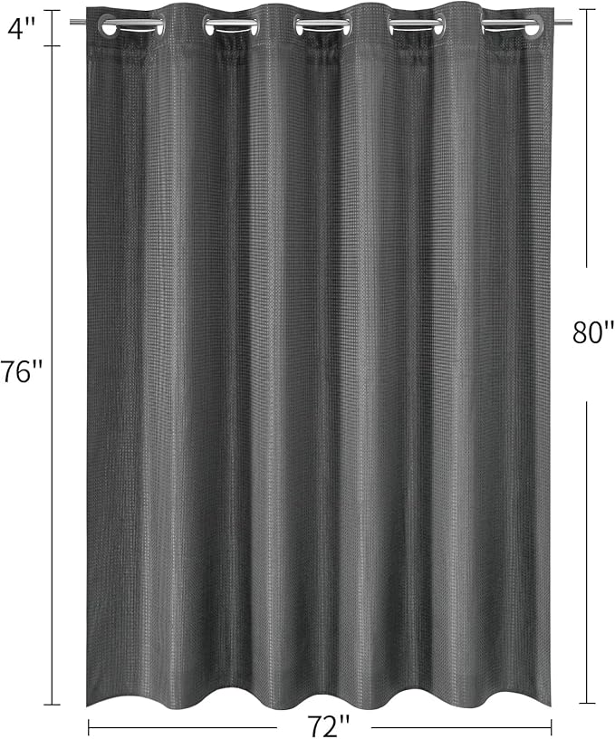 MitoVilla Grey Long Shower Curtain Liner Set 72 x 80, No Hooks Needed 80 inch Long Heavyweight Waffle Fabric Shower Curtain Set with Snap-in Liner for Hotel Grade Spa-Like Bathroom Decor