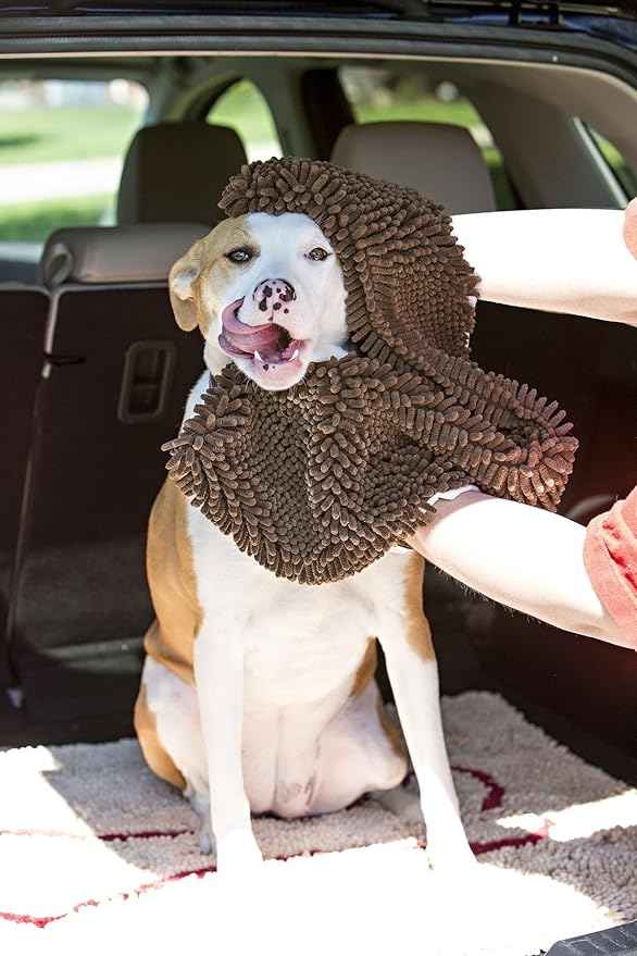 Soggy Doggy Super Shammy Dog Towel - Microfiber Chenille Towel for Drying Dogs and Cleaning Paws - Fast Drying with Hand Pockets for Ease (Dark Chocolate/Oatmeal Trim, 31” x 14”)