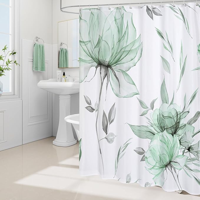 Green and Grey Boho Watercolor Floral Shower Curtain, Ink Painting Style Blossom & Leaf Shower Curtains for Chic Elegant Bathroom, Artistic Fabric Cloth Flower Shower Curtain, 72x72
