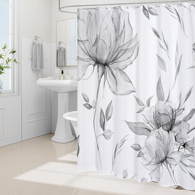 Extra Long Boho Watercolor Floral Shower Curtain 72 x 84, Grey Ink Painting Style Flower Shower Curtains for Chic Elegant Bathroom, Artistic XL Fabric Cloth Shower Curtain